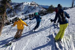 4 people skiing together on a sunny day